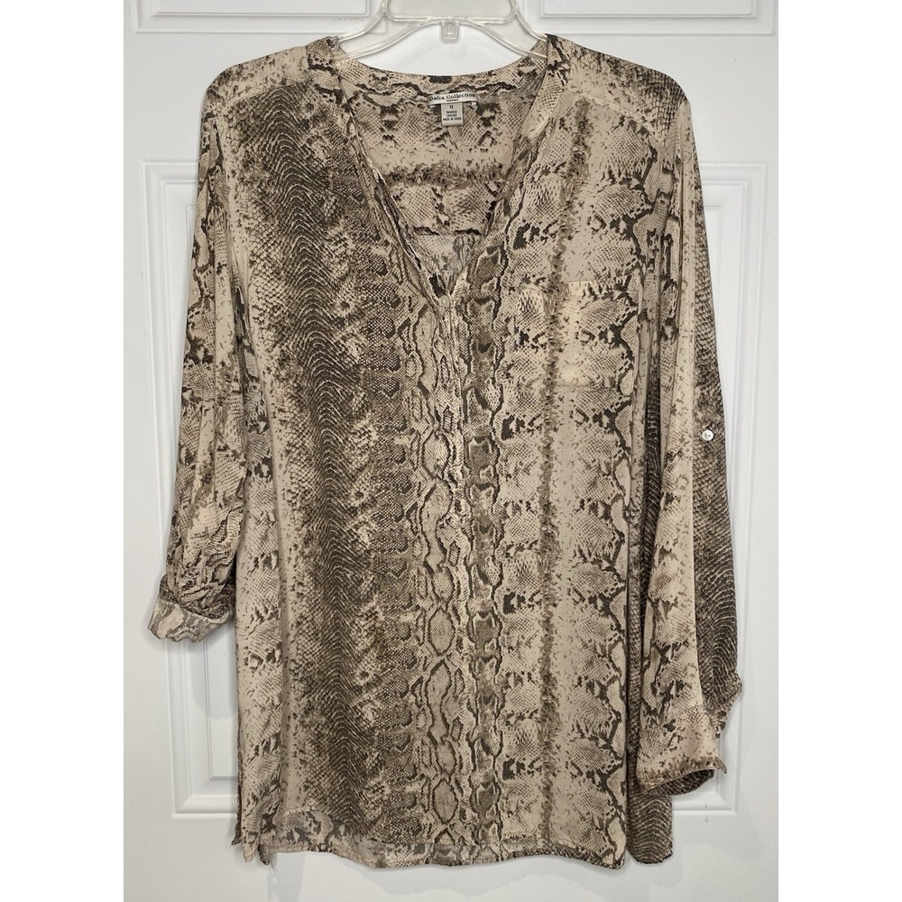 Dalia Collection Women's 1X Snake Reptile Animal Print Blouse Roll Tab Sleeve
